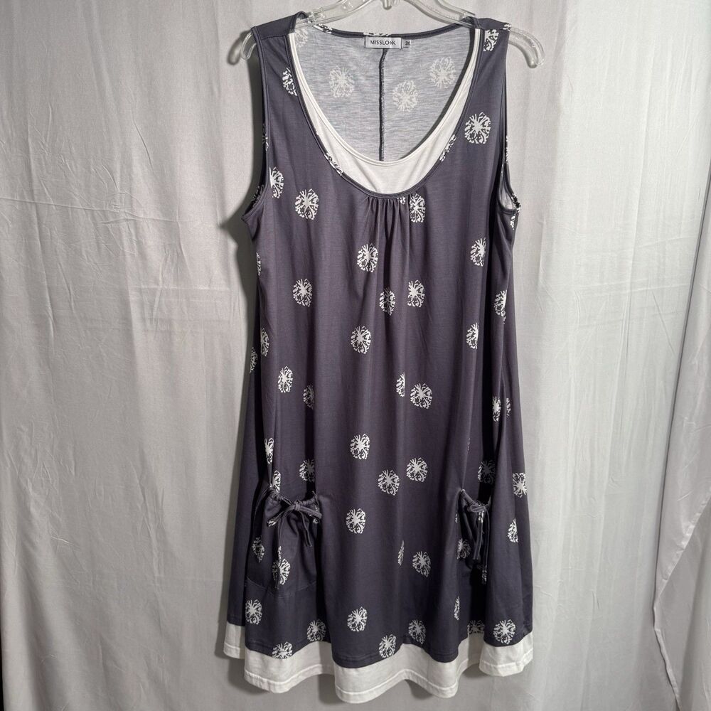 Misslook 2XL Plus Size Medallion Print Boho Dress Gray White Tunic Casual Flowy